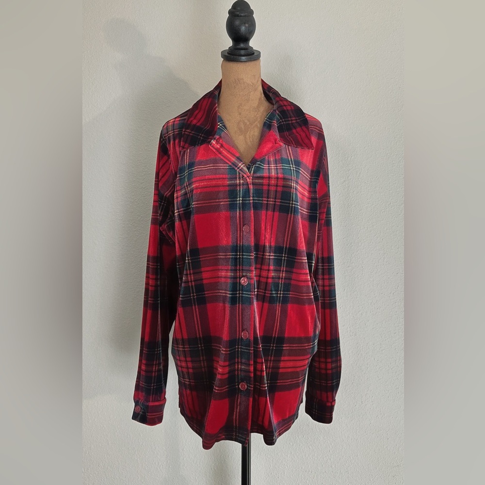 Denim&Co Velvet Plaid Button Up Top Women’s L Red Tartan